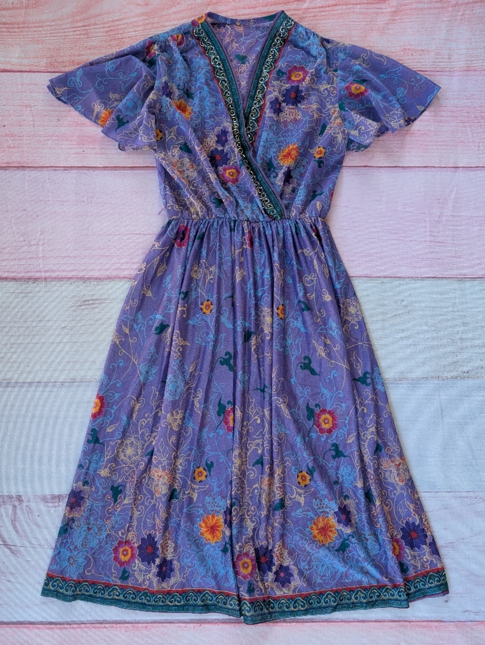 Vintage 70 Purple Floral Beaded Flutter Sleeve Retro A-line Dress S/M